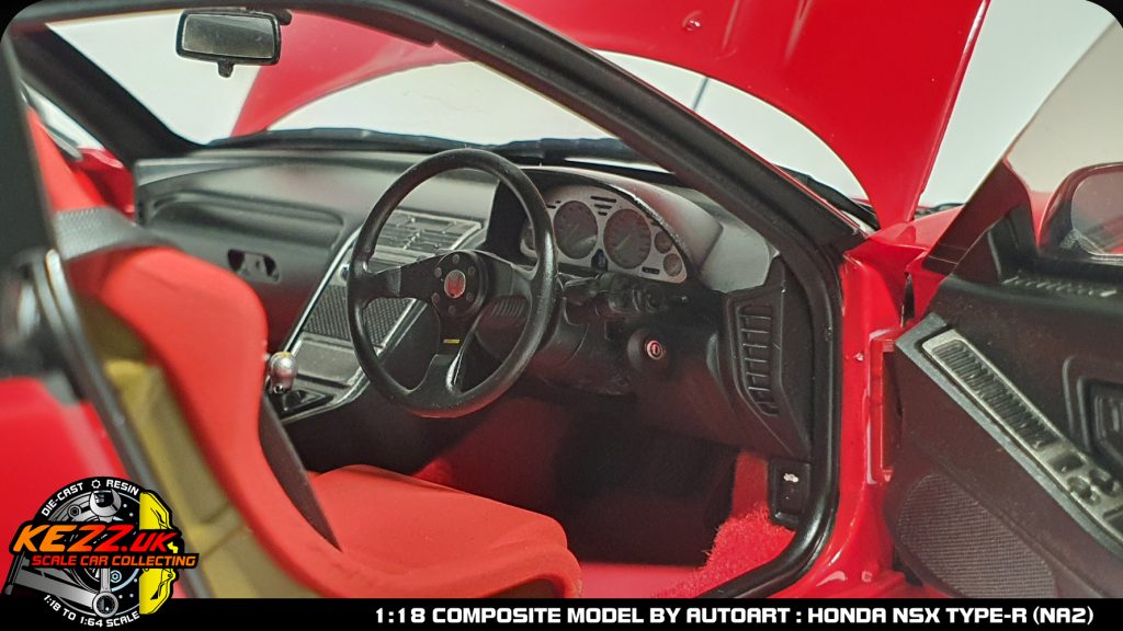 The Honda NSX-R by AutoArt, Composite Diecast model in Formula Red, interior cabin view.