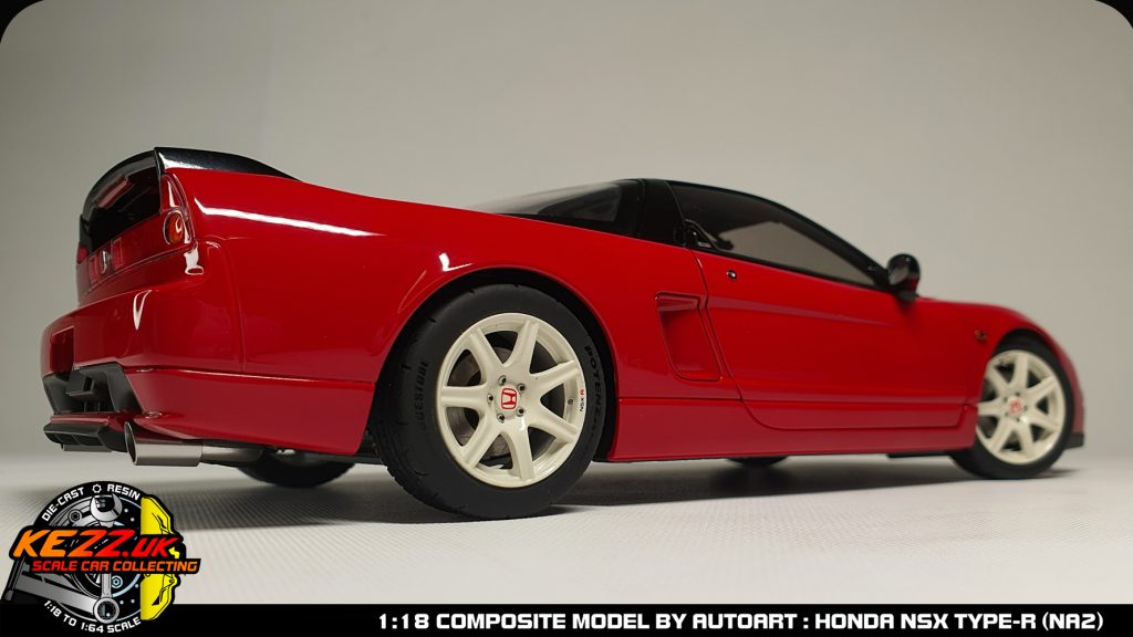 The Honda NSX-R by AutoArt, Composite Diecast model in Formula Red. Rear side view.